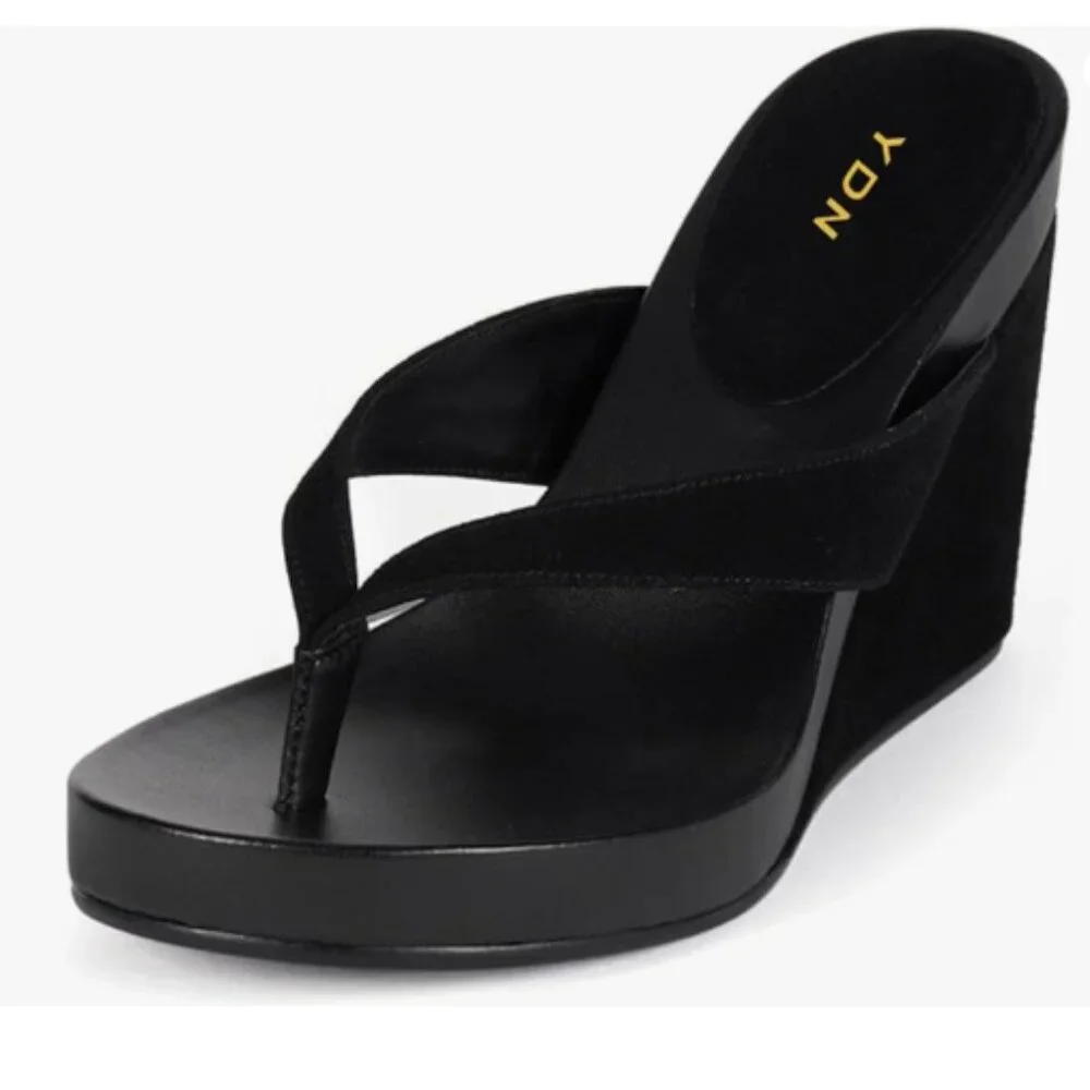 YDN Black Wedge Heel Flip Flops Sandals Open Toe Slip On Dressy Thong Shoes